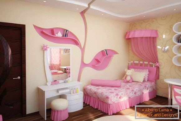 wnętrze pokoju dziecięcego dla dziewczynki w żółtych i różowych odcieniach