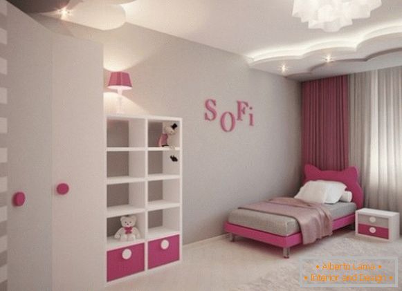 просторный серо-розовый wnętrze sypialni dziecięcej
