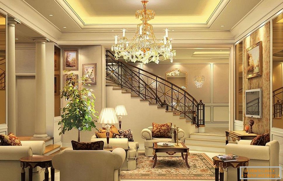 Pokój dzienny w stylu klasycznym ze schodami