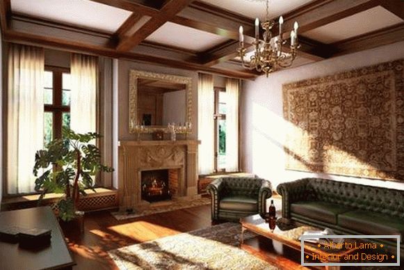 Wnętrze salonu z kominkiem w prywatnym domu - w stylu klasycznym