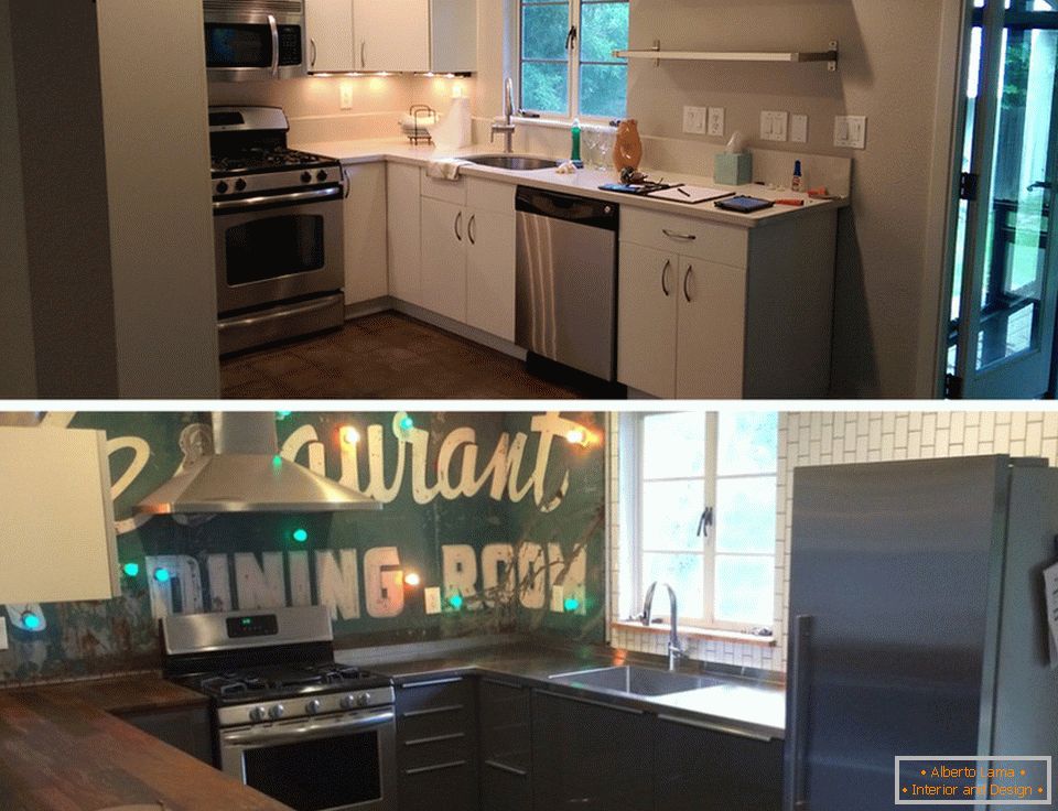 Wnętrze małej kuchni przed i po naprawie