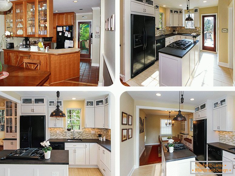 Wnętrze małej kuchni przed i po przebudowie