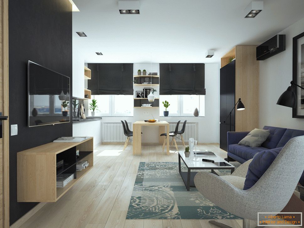 Wnętrze małego mieszkania w kontrastowych kolorach - гостиная и столовая