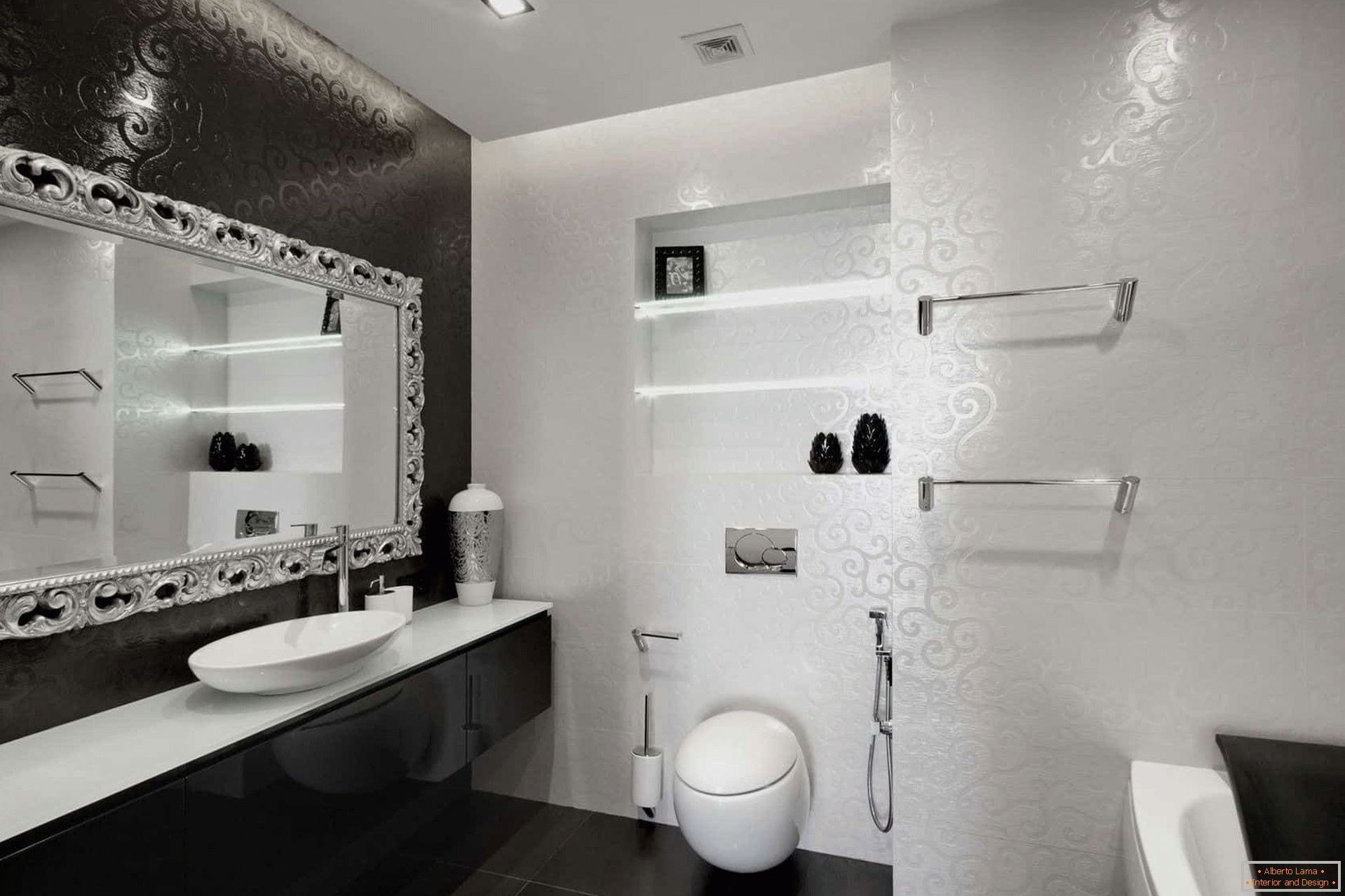 Czarno-biała łazienka z wanną