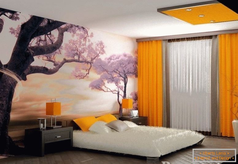 Fototapety z sakurą i pomarańczowymi zasłonami w sypialni