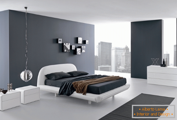 Czarno-biała sypialnia w stylu high-tech