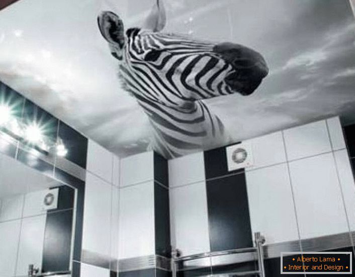Niezwykłym rozwiązaniem do dekoracji czarno-białej łazienki jest wizerunek zebry na sufitach napinanych z fotograficznym nadrukiem.