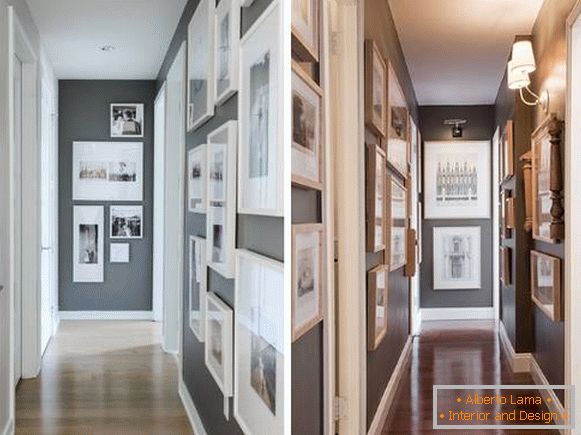 Projekt wąskiego korytarza w mieszkaniu ze zdjęciami i obrazami na ścianach