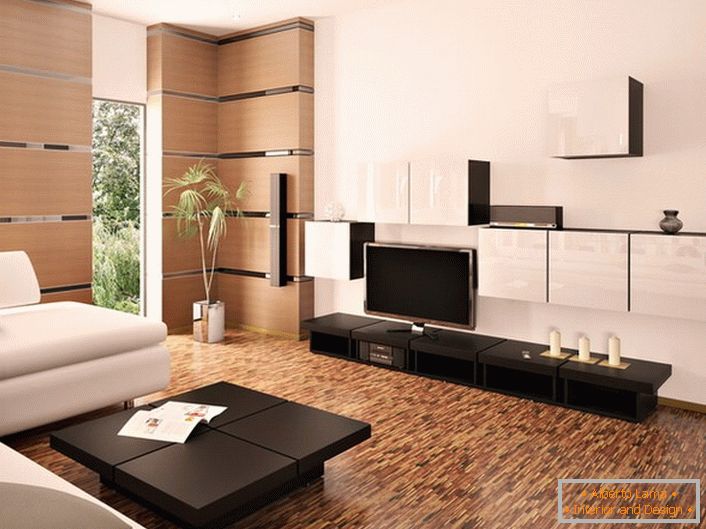 Stylowy, nowoczesny pokój w kolorze białym i jasnobeżowym ozdobiony jest meblami z ciemnego drewna.