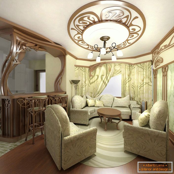 Ekskluzywne meble do małego salonu w stylu Art Nouveau w mieszkaniu w Moskwie.