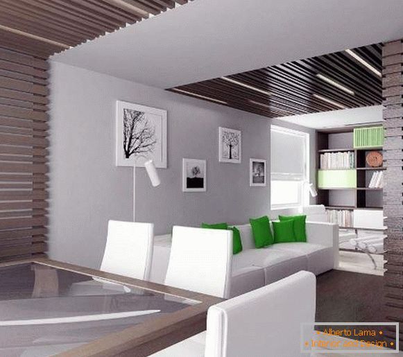 Wnętrze małej sali w prywatnym domu w nowoczesnym stylu minimalistycznym