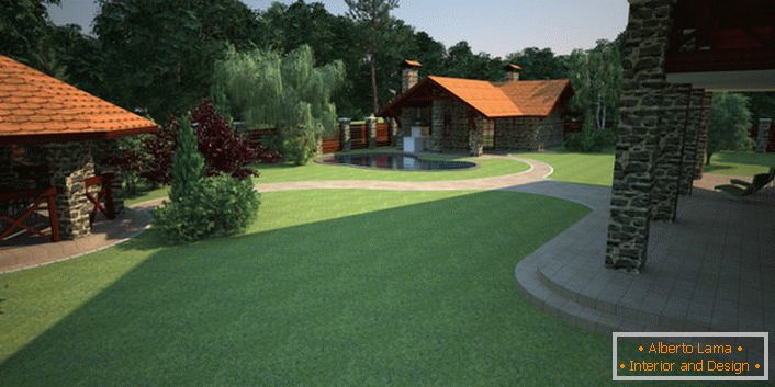Projekt dziedzińca domu wiejskiego dokonywany jest z uwzględnieniem lądowania angielskiego trawnika. 