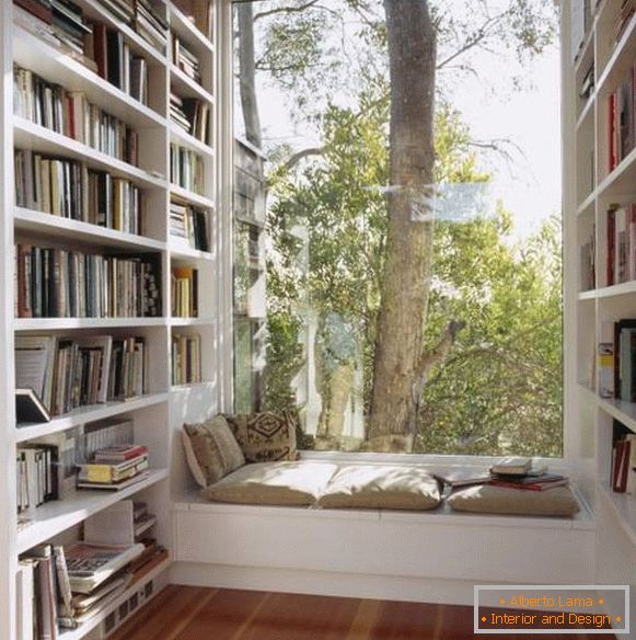 Siedząc na parapecie i półki z książkami przy oknie
