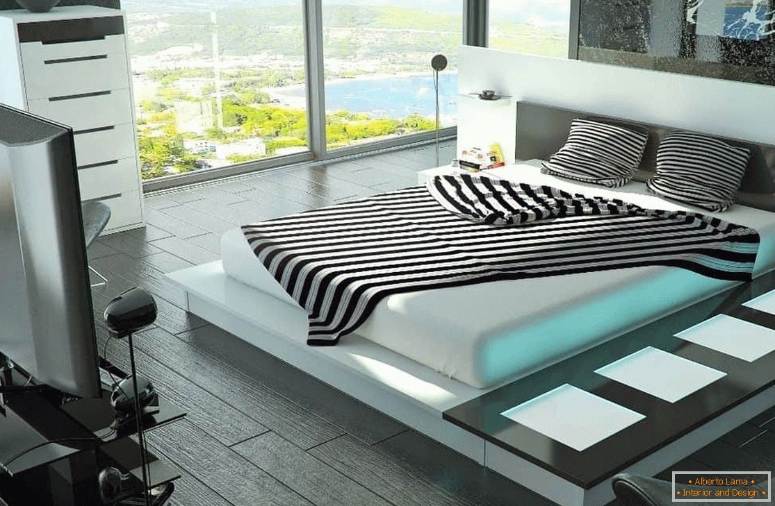 Sypialnia z dużym łóżkiem z nowoczesnym oświetleniem