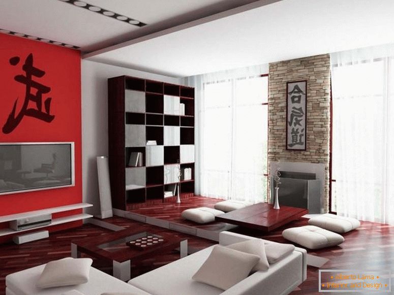 Przestronny salon w kolorach czerwonym i białym