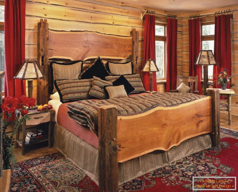wspaniałe lampy stołowe i fantastyczne łóżko w rustykalnym stylu, sypialnia z pomysłami i tradycyjnym czerwonym dywanem