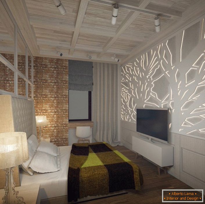 Sypialnia została zaprojektowana zgodnie z wymaganiami stylu loft. Uwaga rysuje panel ścienny z płyty gipsowej z podświetleniem LED. 