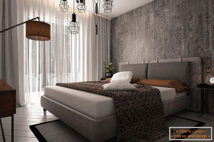 Przykład dobrze dobranego oświetlenia sypialni w stylu loftu.