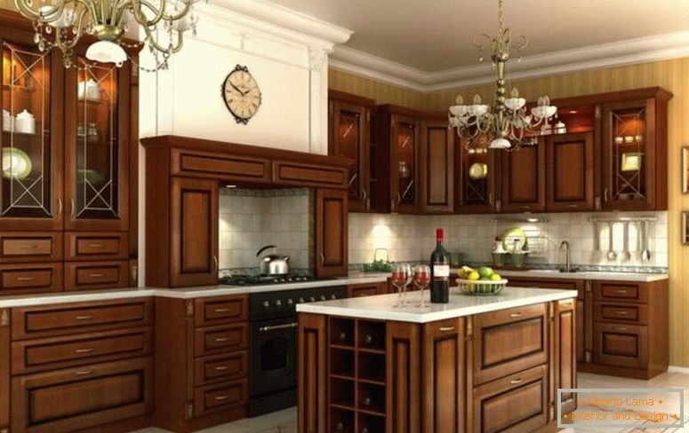 elegancja-drewniana-szafa-do-kuchni-design-białe-granit-blat-backsplash oświetlenie-pomysł-pod-szafy klasyczny-żyrandol-powyżej-kuchnia-wyspa-wzdłuż-na-obraz-ściana-jpg