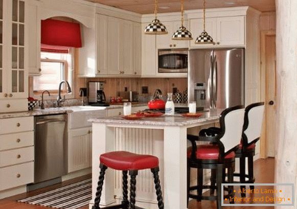 Jasne wnętrze kuchni w wiejskim stylu - zdjęcia w czarno-białych i czerwonych kolorach