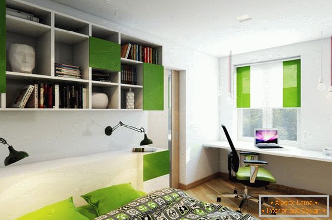 Zielone akcenty w sypialni małego studia w Rosji