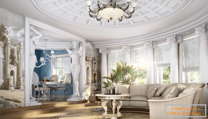 Przestronny salon w stylu neoklasycystycznym z odpowiednio dobranymi meblami. Dyskretna klasyka we współczesnym wykonaniu.