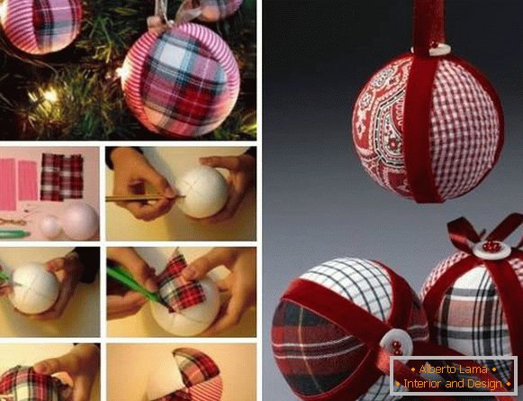Stylowy, ręcznie wykonany artykuł - świąteczna piłka wykonana z tkaniny i wstążek