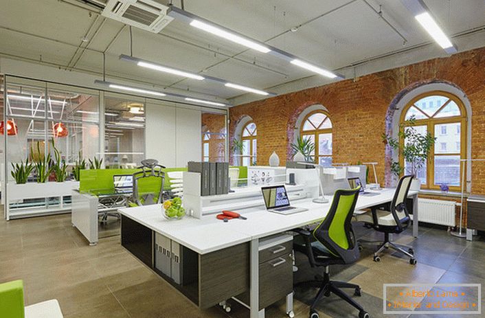 Aby zaprojektować biuro w stylu loftu, wykorzystuje się dużo żywej zieleni, co sprawia, że ​​pokój jest przytulny i dostosowuje pracowników do nastroju pracy. 