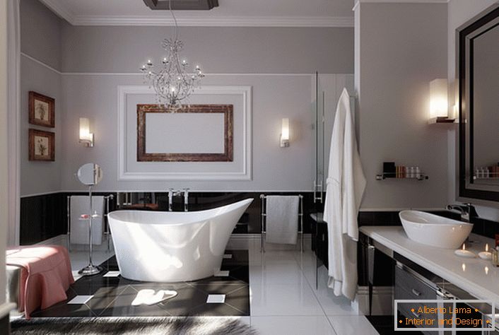 Przestronna, jasna łazienka. Cienkie rozwiązanie konstrukcyjne można nazwać dywanem z naturalnej wełny.