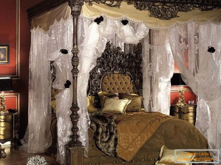 Właściwy projekt barokowej sypialni w ciemnych kolorach.