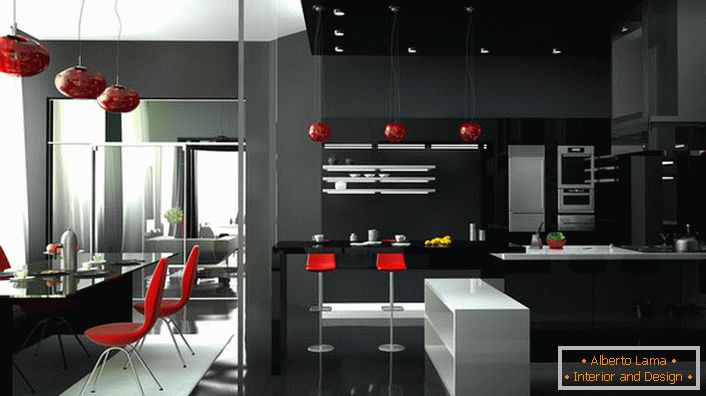 Elegancki pokój typu studio z oryginalnymi meblami high-tech. Kolor czerwony zawsze wygląda na czarno-białym tle wnętrza.