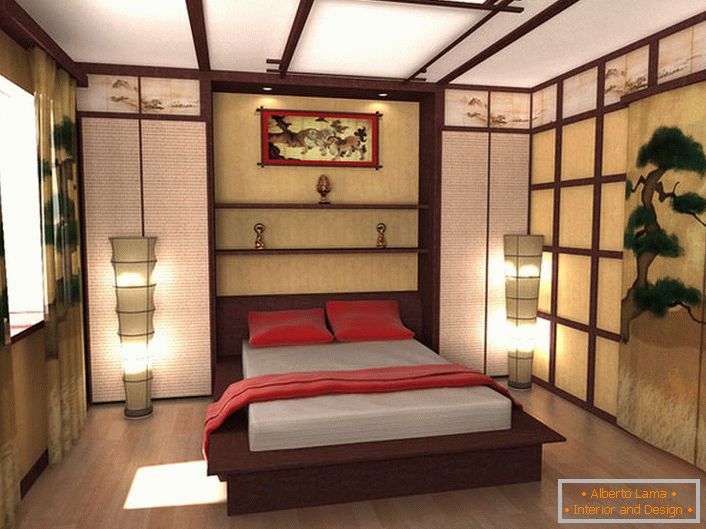 Projekt sypialni w stylu japońskiego minimalizmu jest dziełem absolwenta moskiewskiego uniwersytetu. Właściwe połączenie wszystkich detali kompozycji sprawia, że ​​sypialnia jest stylowa i orientalna w wyrafinowanym stylu.