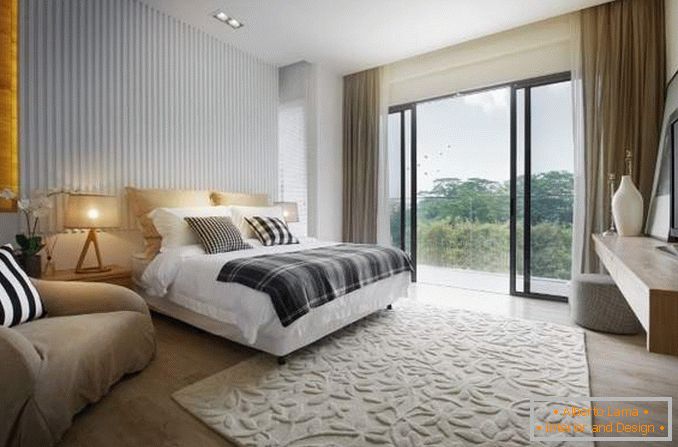 Sypialnia z panoramicznymi oknami - zdjęcie pięknego wnętrza