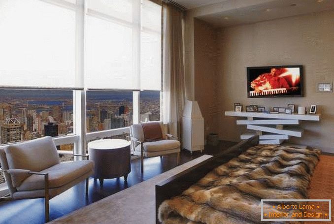 Projekt sypialni z panoramicznymi oknami w mieszkaniu miasta