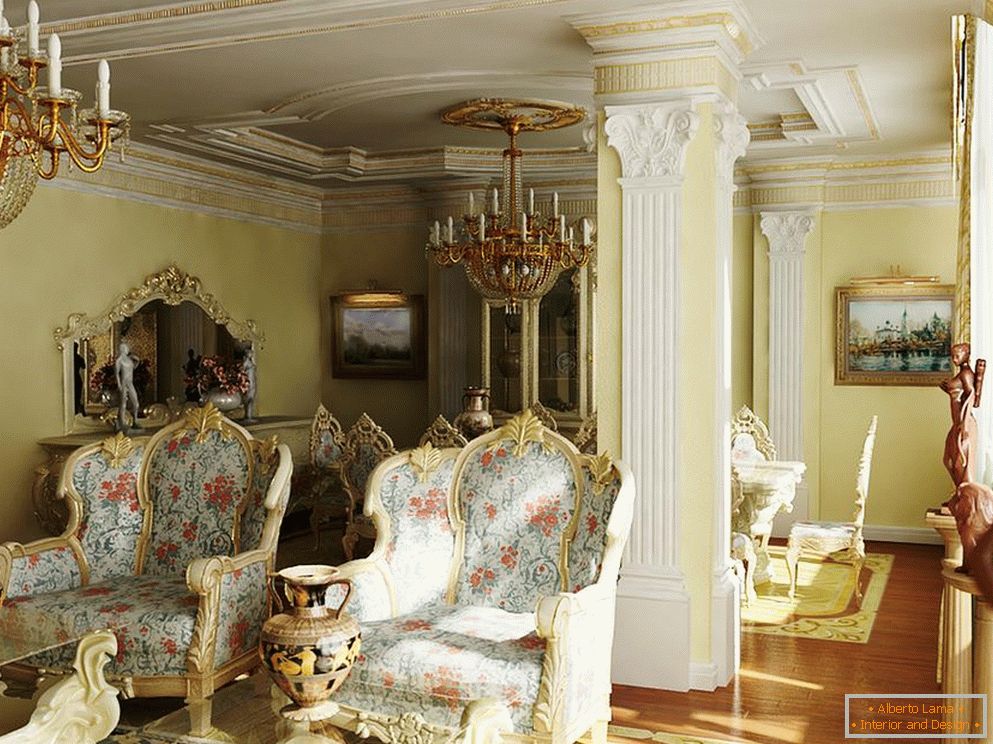 Znakomity, luksusowy barokowy styl do pokoju gościnnego. Właściwy przykład oświetlenia w stylu barokowym.