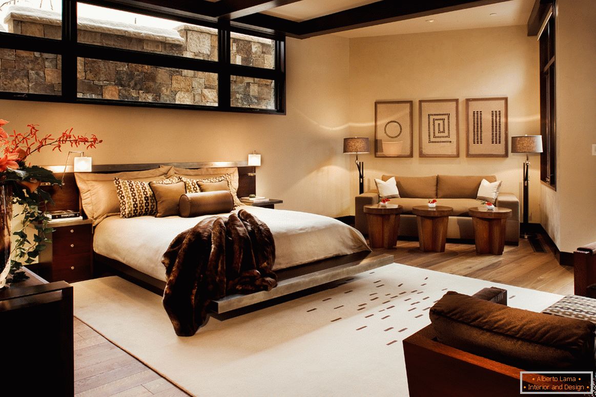 Sypialnia w brązowych odcieniach w piwnicy