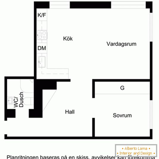 Plan małego apartamentu z jedną sypialnią
