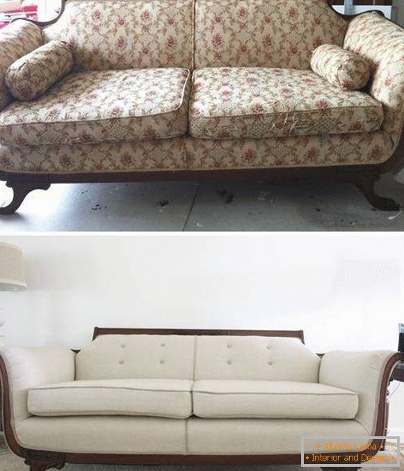 Przywrócenie mebli tapicerowanych - fotografia kanapa przed i po