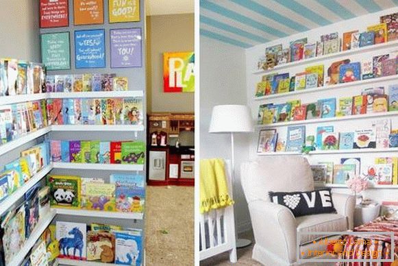 Książki dla dzieci na półkach na ścianie