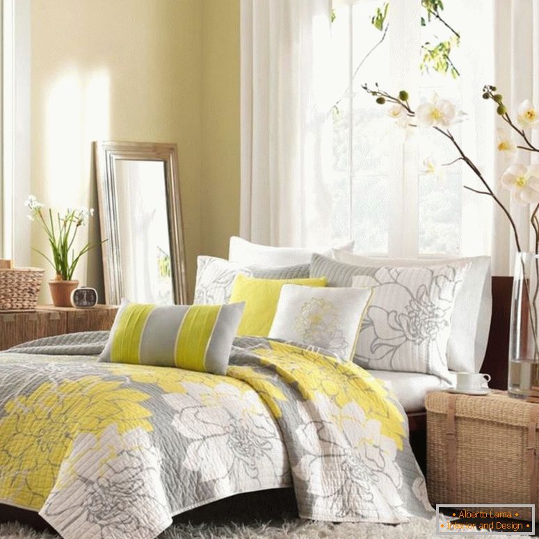 ujmujące-ładny-kwiat-dekorowanie-pomysł-mieszany-z-szaro-białe-wnętrza-sypialni-plus-żółty-akcent