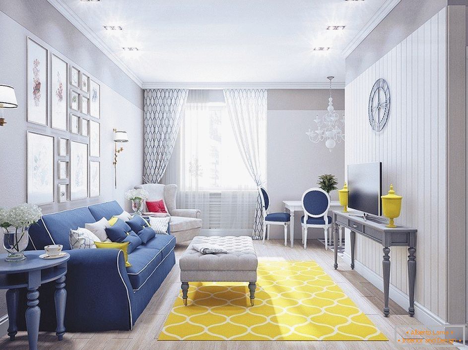 Szary salon z żółtym dywanem