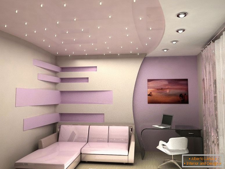 Luksusowy sufit napinany biało-fioletowy. 