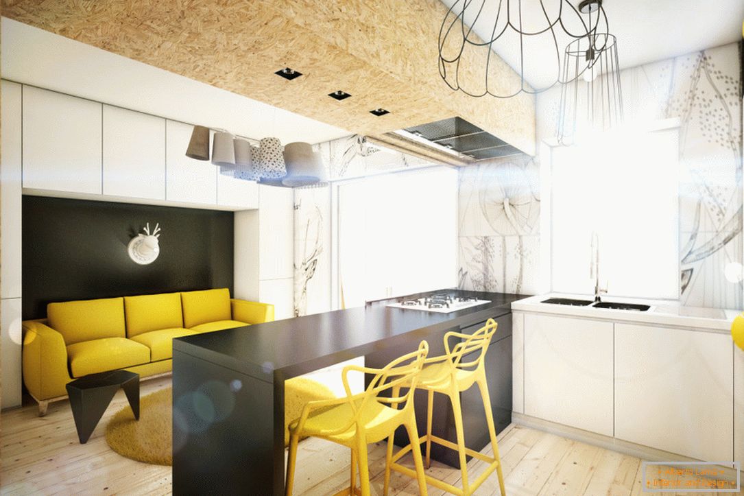 Połączenie koloru żółtego we wnętrzu małego mieszkania