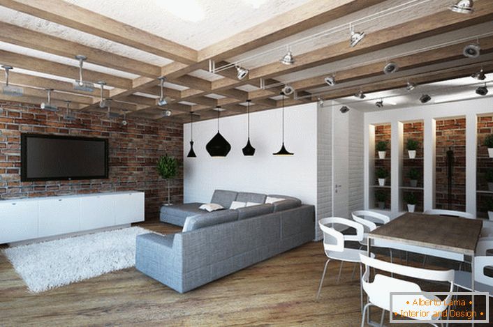 Projekt apartamentu typu studio w stylu loft wyróżnia się praktycznością. Minimum mebli sprawia, że ​​pokój jest przestronny i jasny.