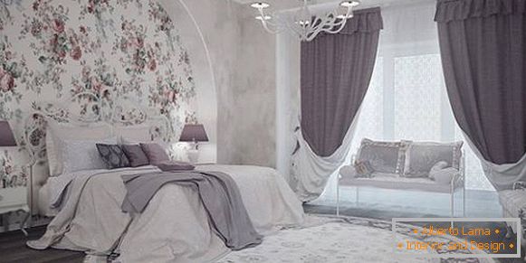 Nowoczesne liliowe zasłony w sypialni - zdjęcie we wnętrzu