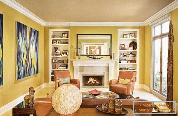 Stylowy salon z żółtymi ścianami