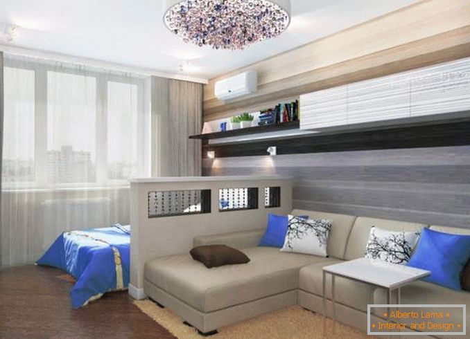 Projekt dwupokojowego apartamentu z pokojem dziecięcym - zdjęcie połączonej sypialni salonu
