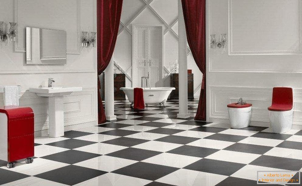 Wnętrze łazienki z szachownicą podłogi