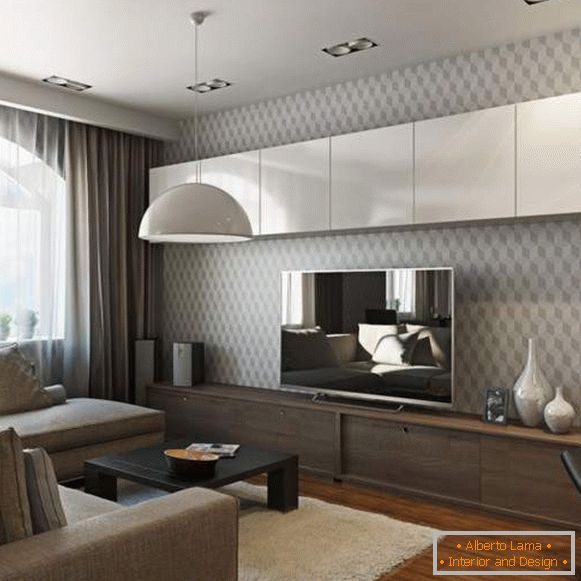 Projekt sali w mieszkaniu w nowoczesnym stylu - zdjęcie w neutralnych odcieniach