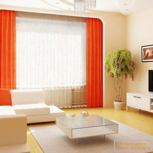 Projekt sali w mieszkaniu w kolorze białym z pomarańczowym wystrojem